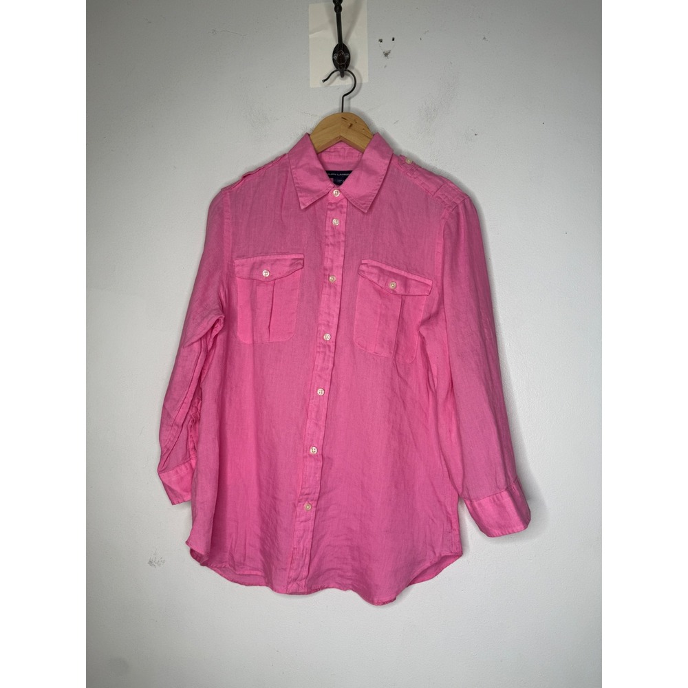 Ralph Lauren Sport Pink 100% Linen Button Down Utility Shirt Epaulettes 10